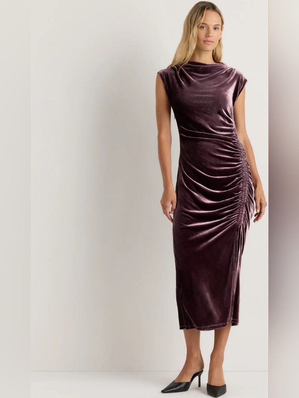 NWT Quince Silk Velvet Ruched Midi Dress in Plum Size 6